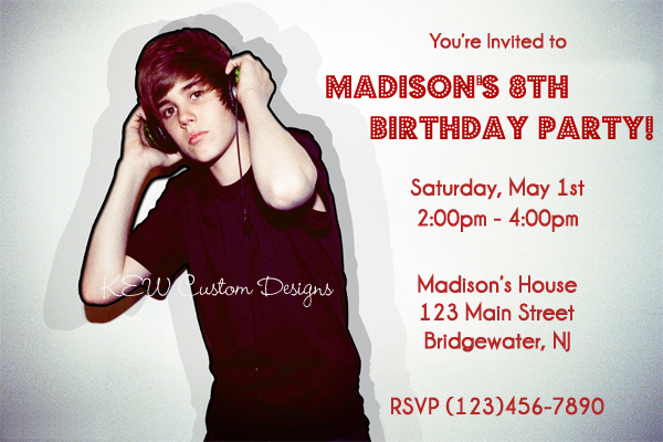 justin bieber birthday invitations. Custom Justin Bieber Birthday