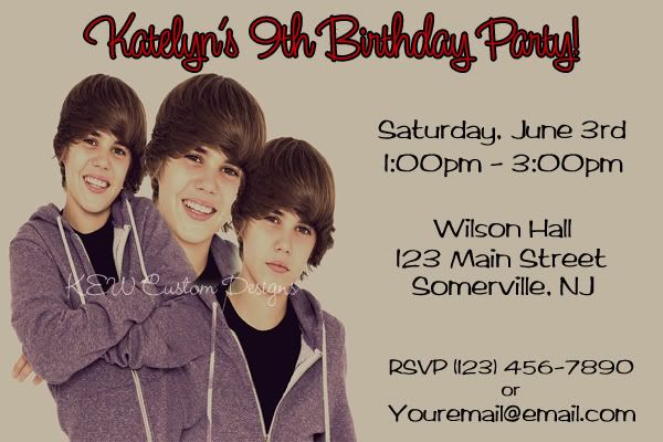 justin bieber birthday party invitations. Custom Justin Bieber Birthday